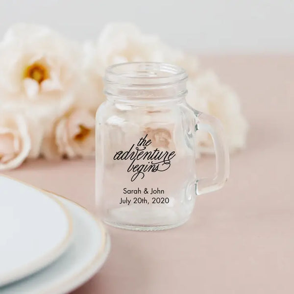 Personalized 4 oz. Mini Mason Jar Shot Glass Wedding Favour - Trendy Sayings | More Designs