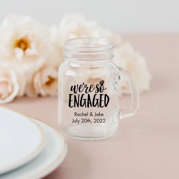 Personalised 4 oz. Mini Mason Jar Shot Glass Wedding Favour - Engagement Party | More Occasions