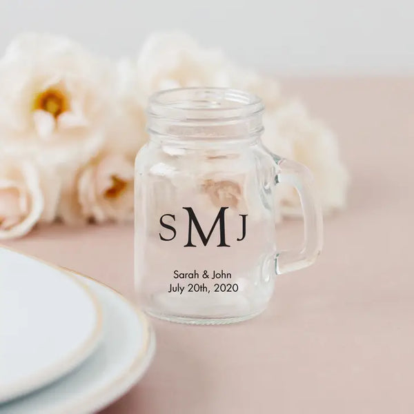 Personalized 4 oz. Mini Mason Jar Shot Glass Wedding Favour - Monograms | More Designs