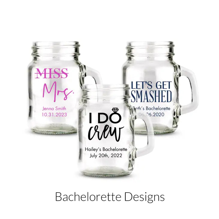 Personalised 4 oz. Mini Mason Jar Shot Glass Wedding Favour - Bachelorette | More Occasions