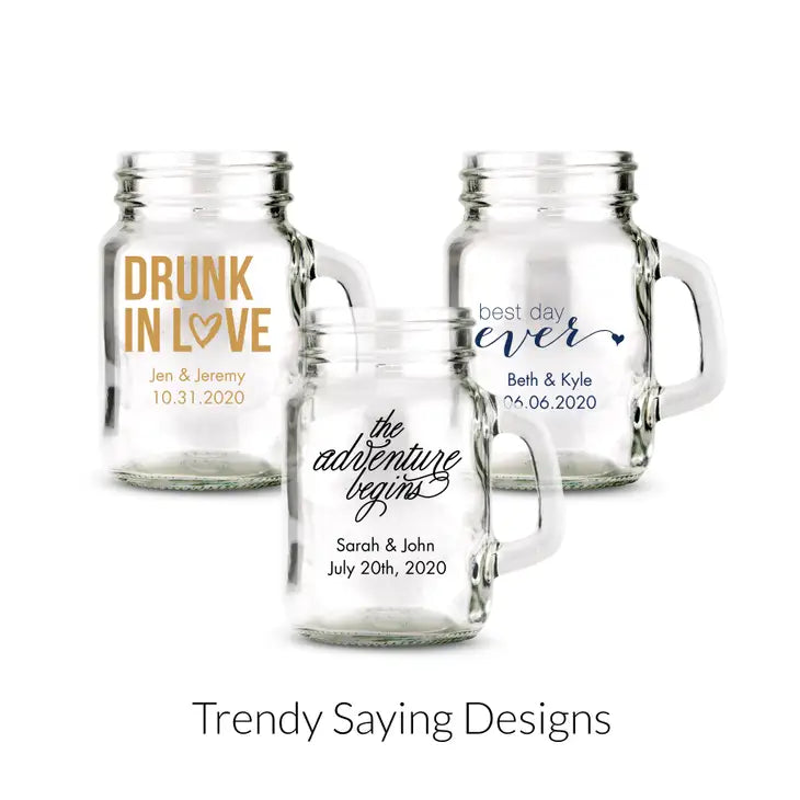 Personalized 4 oz. Mini Mason Jar Shot Glass Wedding Favour - Trendy Sayings | More Designs