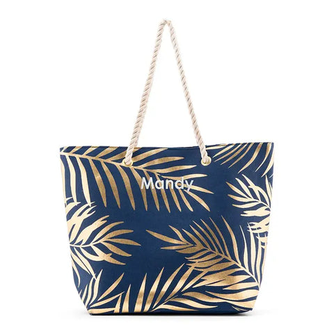 Personalized Extra-Large Cotton Canvas Fabric Beach Tote Bag - Navy Blue Palm Leaf