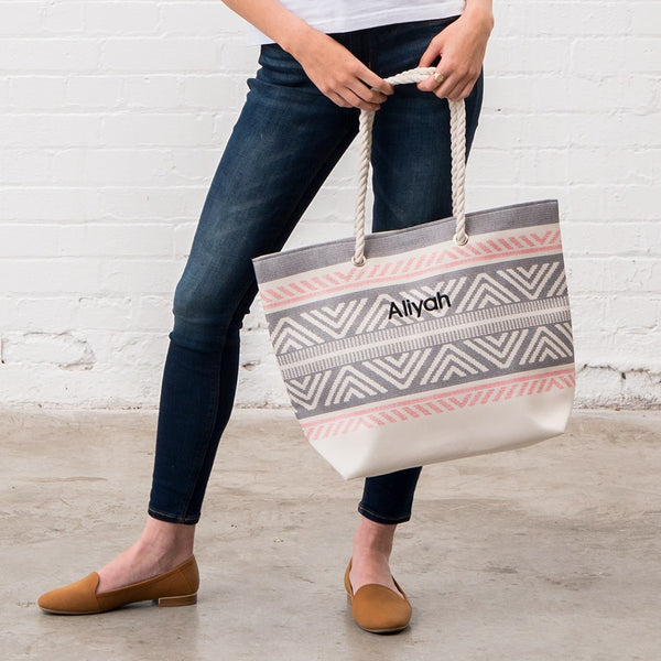 Personalized Extra-Large Cotton Canvas Fabric Beach Tote Bag - Tribal Print