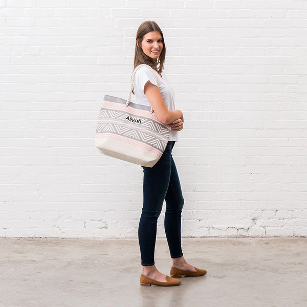 Personalized Extra-Large Cotton Canvas Fabric Beach Tote Bag - Tribal Print