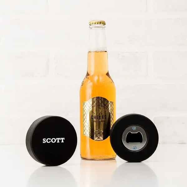 Custom Hockey Puck Bottle Opener Gift - Bold Font