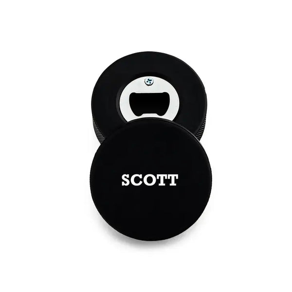 Custom Hockey Puck Bottle Opener Gift - Bold Font