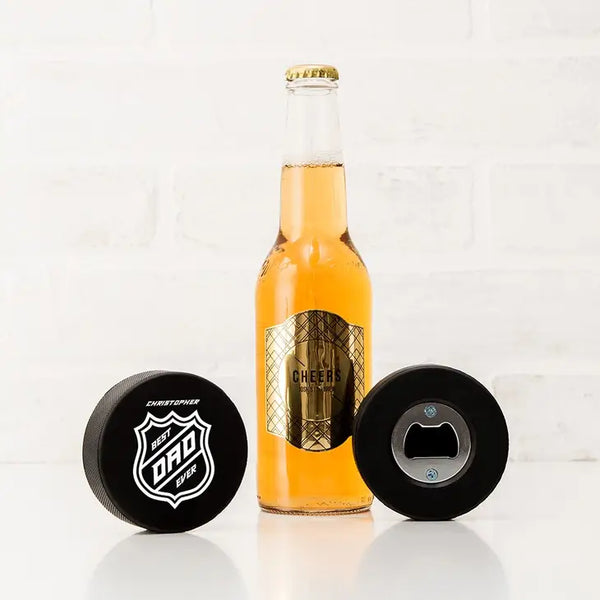 Custom Hockey Puck Bottle Opener Gift - Best Dad Ever