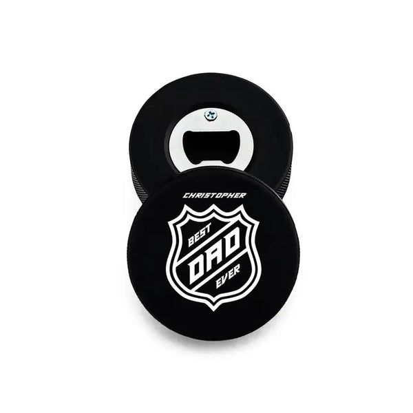 Custom Hockey Puck Bottle Opener Gift - Best Dad Ever