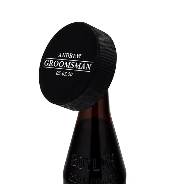 Custom Hockey Puck Bottle Opener Gift - Groomsman