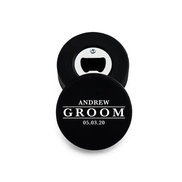 Custom Hockey Puck Bottle Opener Gift - Groom