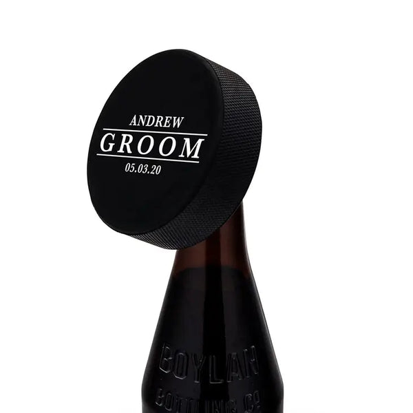 Custom Hockey Puck Bottle Opener Gift - Groom