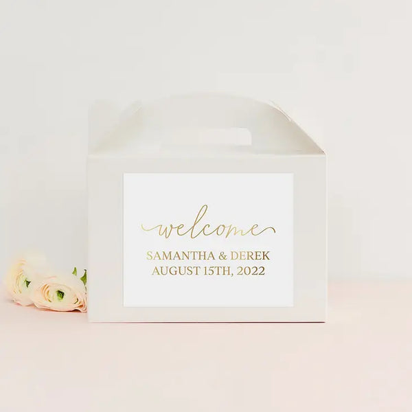 Personalized White Rectangle Paper Gift Box With Handle - Welcome Script