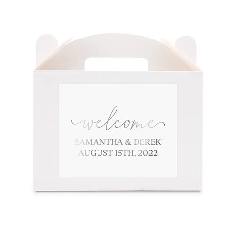 Personalized White Rectangle Paper Gift Box With Handle - Welcome Script