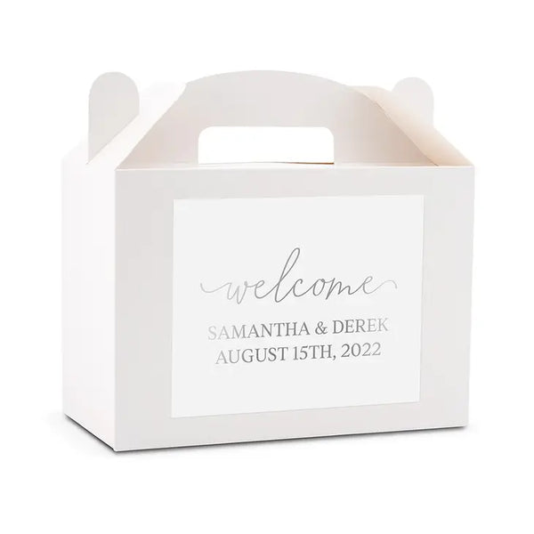 Personalized White Rectangle Paper Gift Box With Handle - Welcome Script