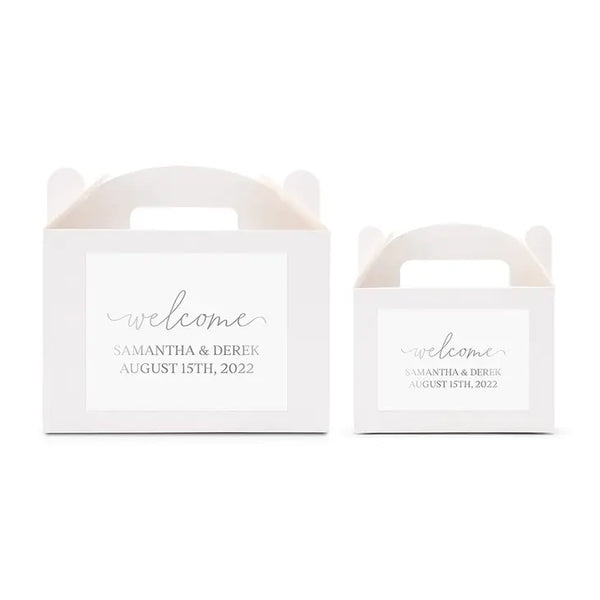 Personalized White Rectangle Paper Gift Box With Handle - Welcome Script