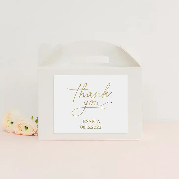 Personalized White Rectangle Paper Gift Box With Handle - Thank You