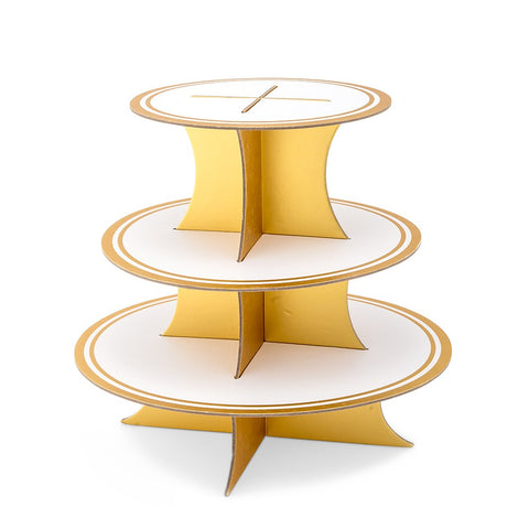 3 Tier Cardboard Cupcake Display Stand - White & Gold