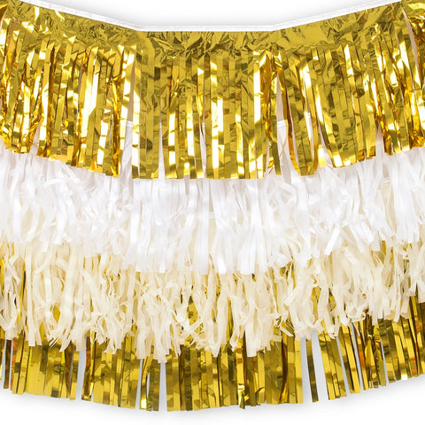 Tissue Paper & Metallic Foil Layered Fringe Garland Decoration - Gold & White - Set Of 4