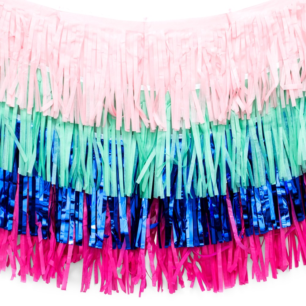 Tissue Paper & Metallic Foil Layered Fringe Garland Decoration - Navy Blue, Pink & Teal - Set Of 4