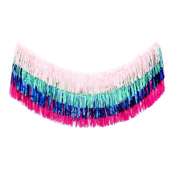 Tissue Paper & Metallic Foil Layered Fringe Garland Decoration - Navy Blue, Pink & Teal - Set Of 4