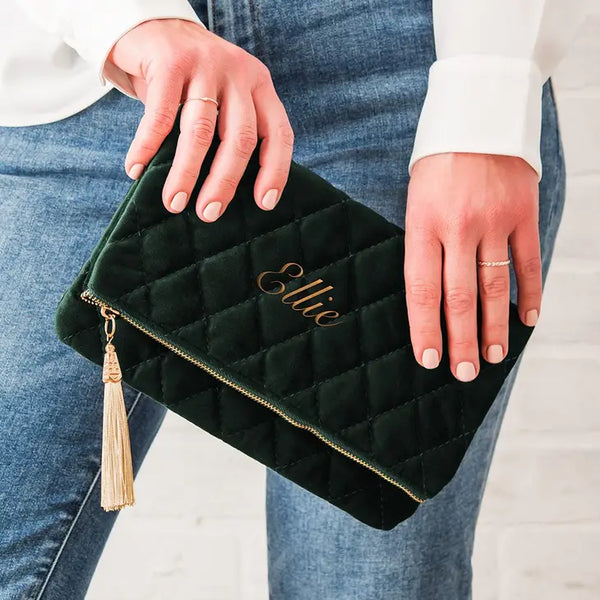 Personalized Fold Over Velvet Clutch - Emerald Green