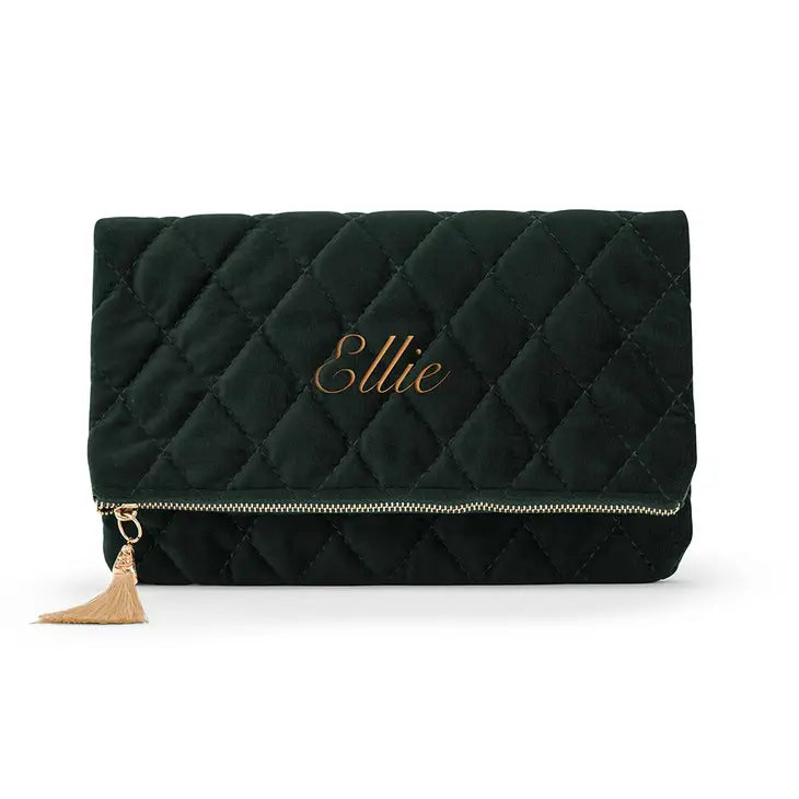 Personalized Fold Over Velvet Clutch - Emerald Green