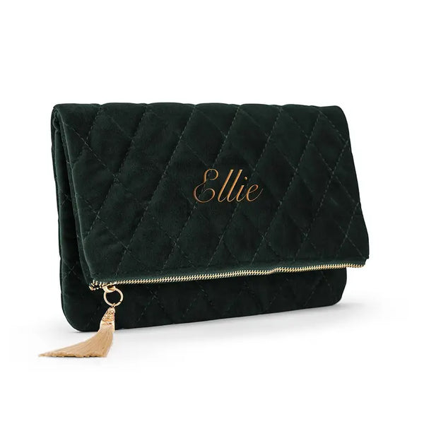 Personalized Fold Over Velvet Clutch - Emerald Green