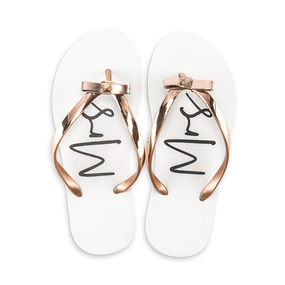 Women’s White & Rose Gold Flip-Flops With Bow - Mrs