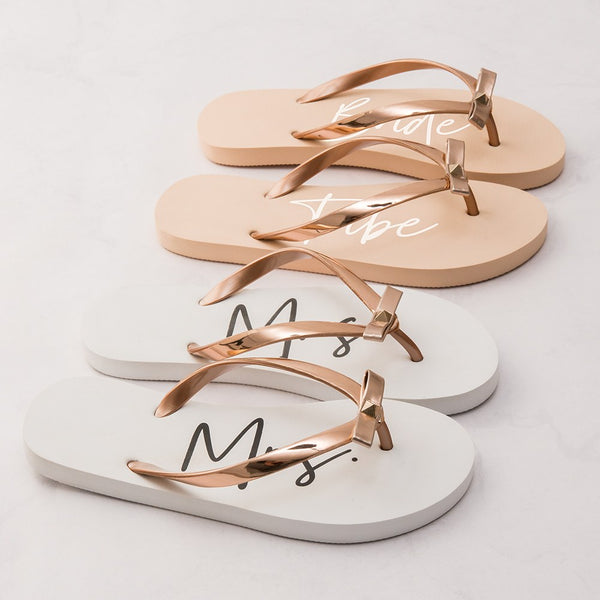 Women’s White & Rose Gold Flip-Flops With Bow - Mrs