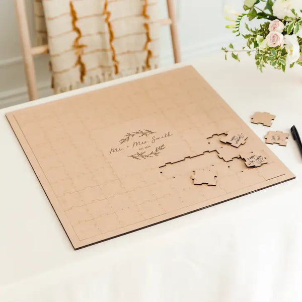 Personalized Wooden Square Puzzle Wedding Guest Book - Signature Script