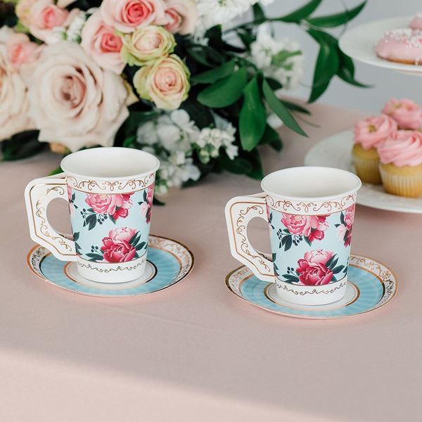 Paper Teacups With Handles & Saucers - Modern Floral - Set Of 8