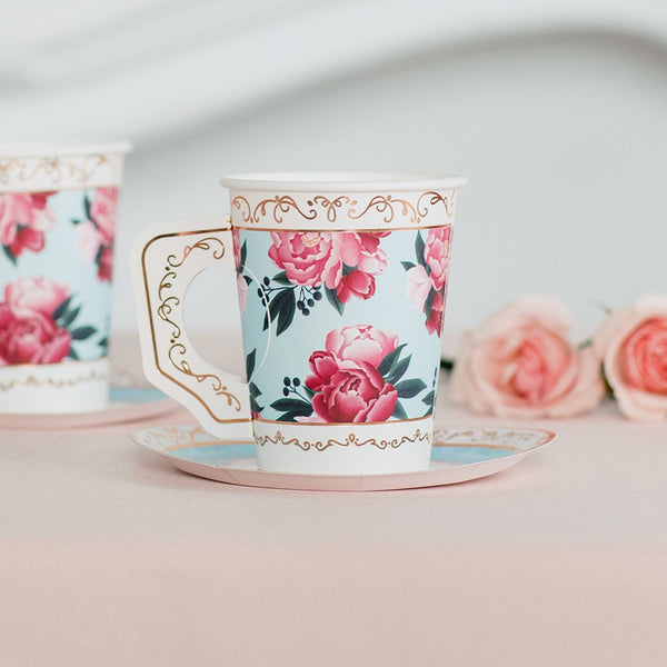 Paper Teacups With Handles & Saucers - Modern Floral - Set Of 8