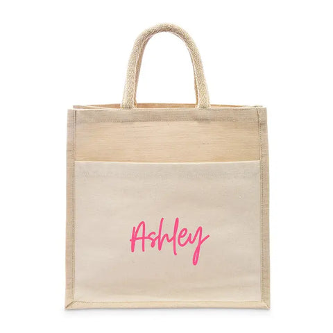 Personalized Medium Woven Jute Tote Bag With Pocket - Script Font