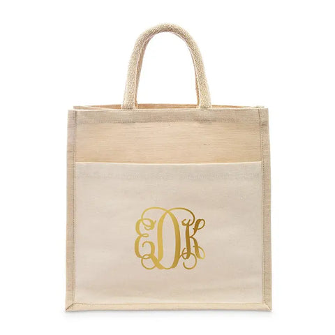 Personalized Medium Woven Jute Tote Bag With Pocket - Script Monogram