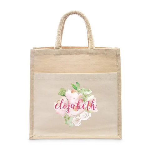 Personalized Medium Woven Jute Tote Bag With Pocket - Floral Garden Party