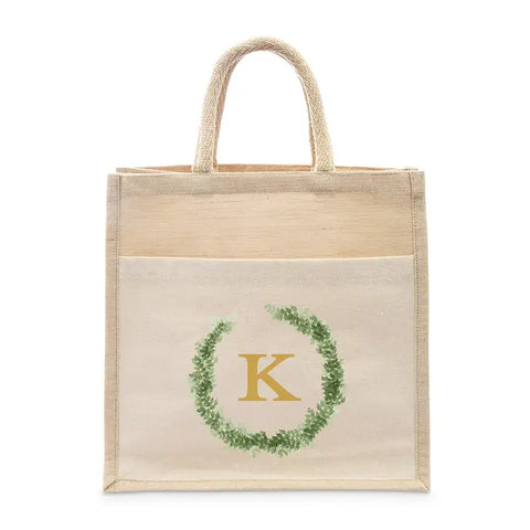 Personalized Medium Woven Jute Tote Bag With Pocket - Love Wreath Monogram