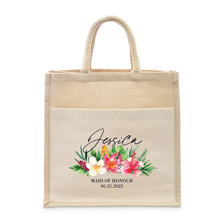 Personalized Medium Woven Jute Tote Bag With Pocket - Tropical Floral