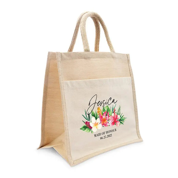 Personalized Medium Woven Jute Tote Bag With Pocket - Tropical Floral