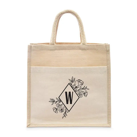 Personalized Medium Woven Jute Tote Bag With Pocket - Floral Monogram