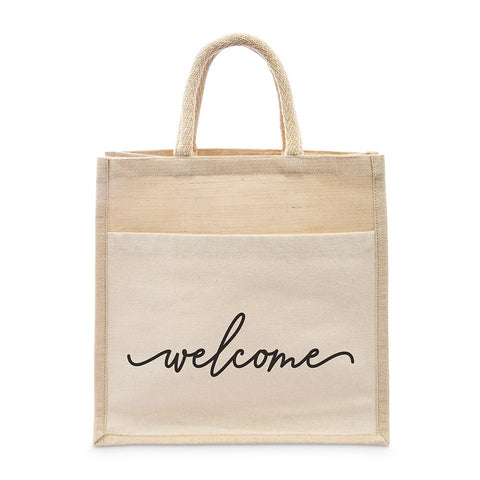 Medium Reusable Woven Jute Tote Bag With Pocket - Welcome