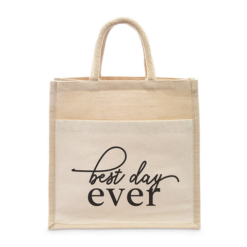 Medium Reusable Woven Jute Tote Bag With Pocket - Best Day Ever