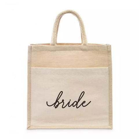 Medium Reusable Woven Jute Tote Bag With Pocket - Bride