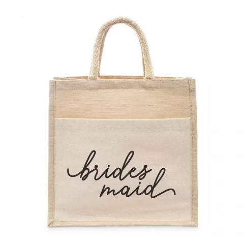 Medium Reusable Woven Jute Tote Bag With Pocket - Bridesmaid