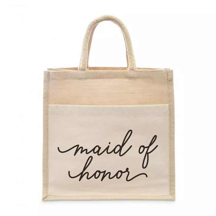 Medium Reusable Woven Jute Tote Bag With Pocket - Maid Of Honor