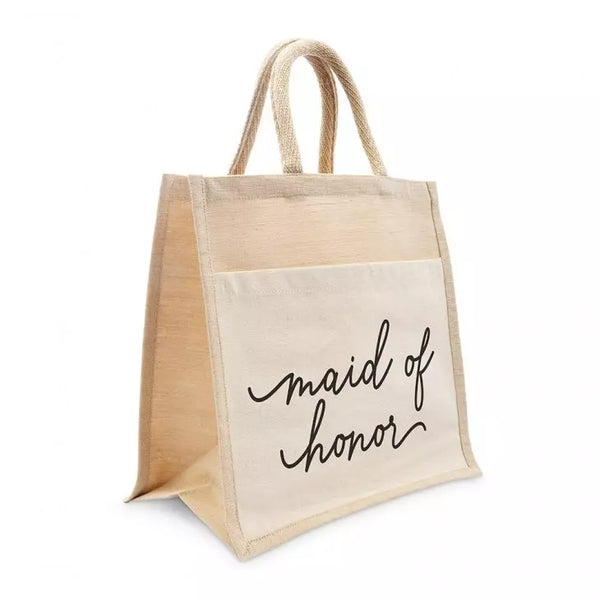 Medium Reusable Woven Jute Tote Bag With Pocket - Maid Of Honor