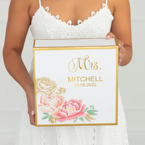 Large Personalized Modern Floral Bridal Party Gift Box With Magnetic Lid - Mrs.