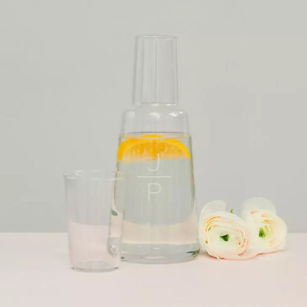 Monogram Engraved Bedside Water Carafe And Glass Set - Stacked Monogram