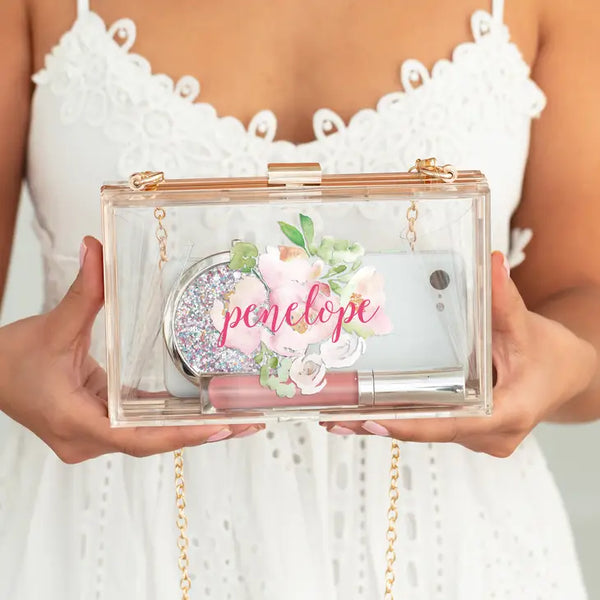 Personalized Acrylic Box Clutch - Floral Garden Party