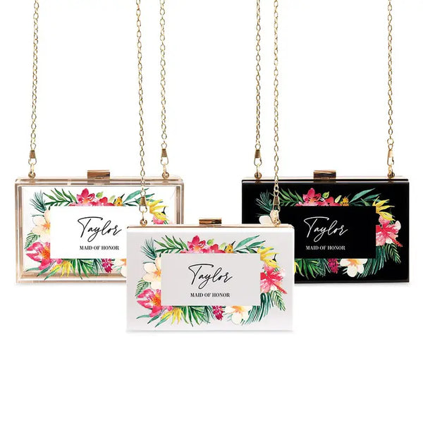 Personalized Acrylic Box Clutch - Tropical Floral