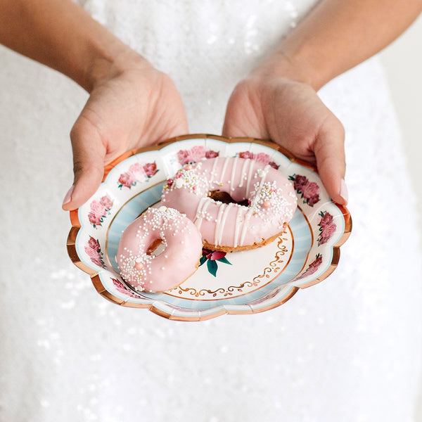 Small Round Disposable Paper Party Plates - Modern Floral Tea Party - Set Of 8